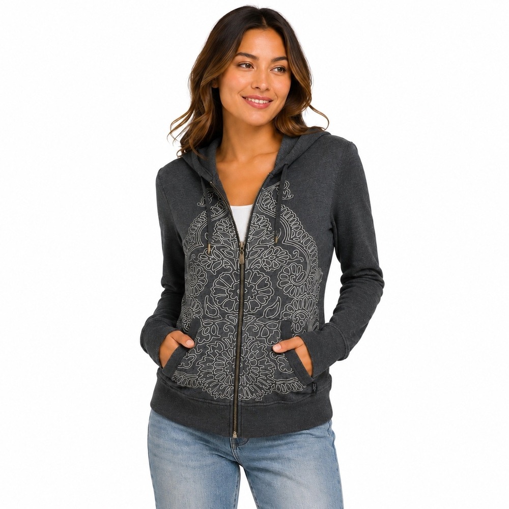 prAna Womens Hoodie Charcoal Grey Mandala Graphic Boho Yoga Full Zip Small